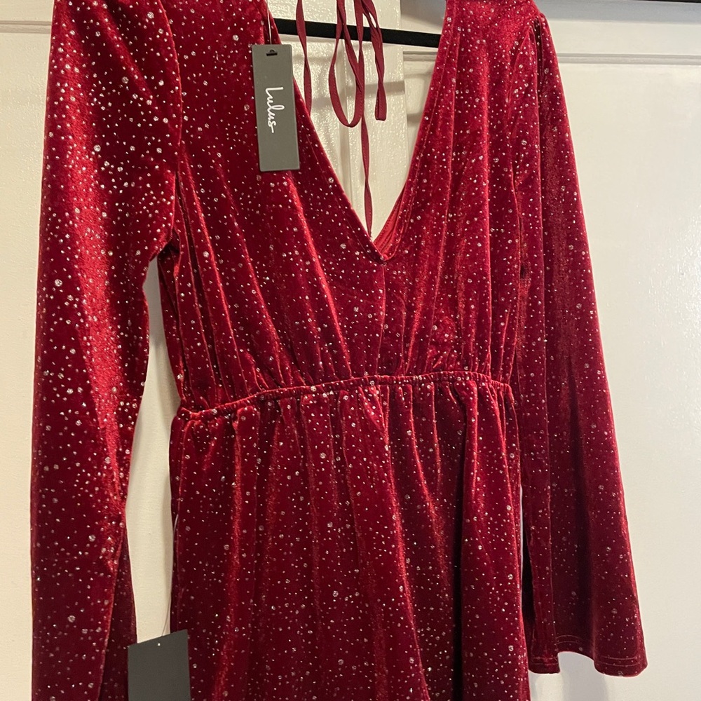 Lulus Red Velvet Romper with Silver Accents